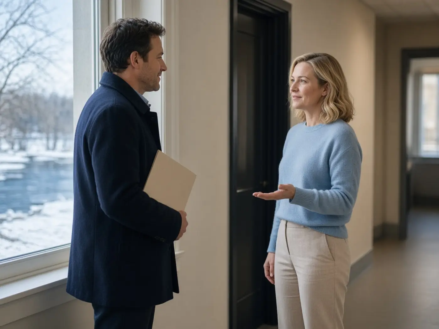 Coworkers ending a short exchange at a workplace doorway
