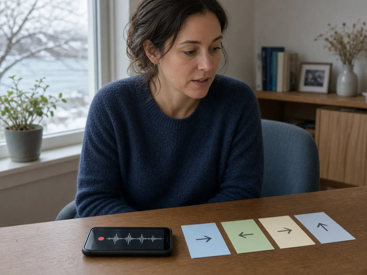 An adult recording a practice response beside conversation cue cards